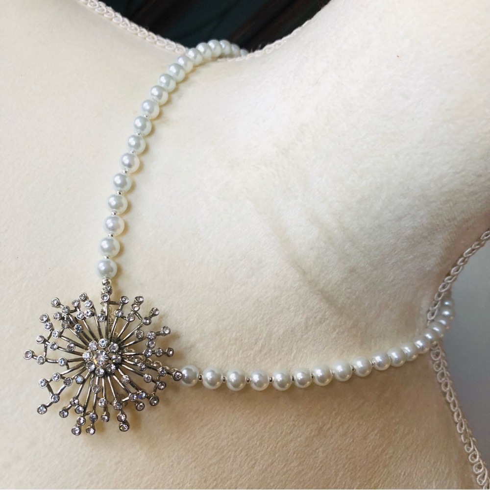 Handcrafted repurpose rhinestone cluster pendant Czech glass Pearl necklace